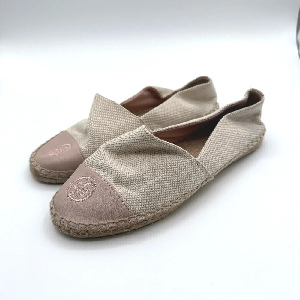 Tory Burch Espadrilles Women 8 Beige Pink Leather Logo Toe Cap Flat Slip On Shoe